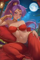 1girls blue_eyes bra bracelet breasts dark-skinned_female dark_skin earrings exlic female full_moon harem_pants high_ponytail highres hoop_earrings jewelry large_breasts long_hair looking_at_viewer moon naughty_face navel neck_ring night pants parted_lips pointy_ears ponytail purple_hair reclining red_bra red_pants shantae shantae_(character) shantae_(series) smile solo stomach underwear