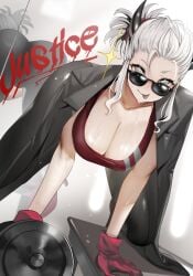 :p ass bandana black_horns black_jacket black_leggings bowing breasts bright_pupils cleavage collarbone commentary_request demon demon_girl demon_horns dumbbell female gloves grey_eyes gym helltaker high_heels highres holding holding_dumbbell horns jacket jacket_on_shoulders justice_(helltaker) large_breasts leaning_forward leggings long_sidelocks looking_at_viewer looking_over_eyewear mirror red_bandana red_gloves red_sports_bra reflection short_hair sidelocks solo sports_bra sunglasses sweat teddypocky tongue tongue_out white_eyes white_hair white_pupils writing_on_wall