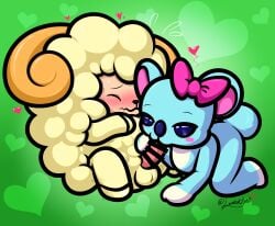 absurd_res accessory anthro blue_body blue_fur blush bovid bow_ribbon caprine duo fellatio female fur genitals hair_accessory hair_ribbon hairbow heart_symbol hi_res koala lemontyne male male/female mammal marsupial oral penile penis ribbons sega sex sheep tapering_penis touch_de_zuno uruuru vombatiform wool_(fur) yurika_(touch_de_zuno)
