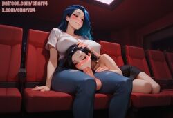 1futa 1girls ai_generated big_ass big_breasts big_penis blowjob charv cinema deepthroat fellatio female futa_on_female futa_only futadom futanari hand_on_head head_grab intersex oral sitting theater