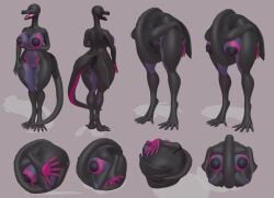 anthro balled_up black_body black_nipples breasts contortionism countershading female flexible generation_7_pokemon genitals hi_res nintendo nipples non-mammal_breasts non-mammal_nipples objectification pezho pokemon pokemon_(species) purple_body purple_countershading pussy salazzle scalie simple_background solo tail vulva