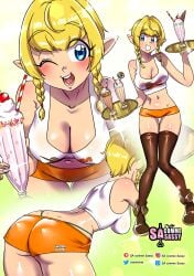 1girls ass blonde_hair blue_eyes blush boots brown_thighhighs female female_only hi_res highleg highleg_panties hooters hooters_uniform hyrule_warriors linkle looking_at_viewer milkshake nintendo pointy_ears sasatseng short_shorts smiling smiling_at_viewer solo tank_top the_legend_of_zelda thighhighs tray twin_braids twintails very_high_resolution waitress wink winking_at_viewer