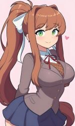 ai_generated bangs big_breasts blazer blue_skirt blush blush bow_in_hair busty clothed collared_shirt coral_brown_hair curvy doki_doki_literature_club female female green_eyes hearts_around_head monika_(doki_doki_literature_club) pixai ponytail red_ribbon sidelocks simple_background skirt solo vest white_bow