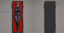 ai_generated big_breasts blindfold bondage bondage catsuit coffin corset erza_scarlet fairy_tail gagged isolation latex long_hair red_hair vibrator