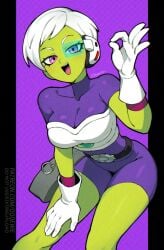1girls 333_(dqqqdle) bodysuit breasts cheelai colored_skin dragon_ball dragon_ball_super dragon_ball_super_broly female gloves green_skin looking_at_viewer open_mouth pixie_cut purple_bodysuit purple_eyes scouter short_hair solo tinted_eyewear white_gloves white_hair