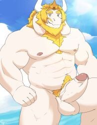 anthro asgore_dreemurr balls bara beard boner cywolf49 deltarune erection facial_hair furry goat horns male male_only muscles muscular nude penis solo solo_male undertale