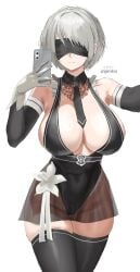 black_blindfold black_necktie blindfold breasts covered_eyes female highres igiroitsu large_breasts made_in_2024 mirror_selfie mole mole_under_mouth necktie nier:_automata nier:automata nier_(series) phone simple_background solo stellar_blade white_background yorha_2b