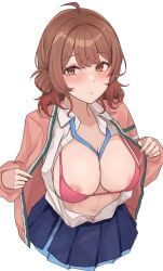 ahoge areola_slip blue_overskirt blue_skirt blush bra breasts brown_hair cardigan cropped_legs female gakuen_idolmaster hanami_ume hatsuboshi_gakuen_school_uniform highres idolmaster large_breasts long_sleeves looking_at_viewer namagaki_namero open_cardigan open_clothes open_shirt pink_bra pink_cardigan pleated_skirt ribbon_between_breasts school_uniform simple_background skirt solo underwear white_background