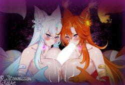 1boy 2girls @_@ ass bare_shoulders blue_gloves blue_hair breast_press breasts censored choker collarbone commission cooperative_paizuri cum cum_on_body cum_on_breasts elbow_gloves english_commentary fellatio ffm_threesome fox_girl gloves glowing glowing_heart glowing_penis group_sex hair_ornament highres huge_breasts hypnosis indie_virtual_youtuber large_variant_set long_hair looking_at_viewer mind_control multicolored_hair multiple_girls oral orange_hair orange_tail paizuri penis ryncka smug_alana snowflake_hair_ornament straight symmetrical_docking teamwork_(sexual) threesome two-tone_hair variant_set virtual_youtuber white_hair white_tail
