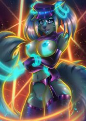 akuma_tlt anthro blue_hair breasts canine female looking_at_viewer mammal nipples pussy rubber smile solo standing wide_hips