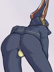 2025 3:4 anthro anubian_jackal anus anus_peek ass bent_over bikini biped black_nose blue_body blue_ears blue_fur blue_markings blush blush_lines bodily_fluids bulge canid canine canis clothed clothed_anthro clothed_male clothing digital_media_(artwork) dislyte drew_(dislyte) ear_piercing ear_ring facial_markings fur guillotine_rabbit head_markings hi_res jackal lilith_games long_ears male male_anthro mammal markings piercing presenting presenting_hindquarters ring_piercing simple_background solo sweat swimwear two-piece_swimsuit yellow_bikini yellow_clothing yellow_markings yellow_sclera yellow_swimwear