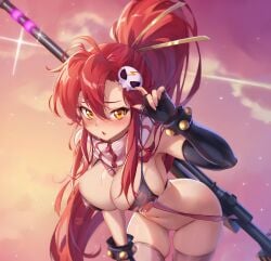 ass_visible_from_the_front bare_arms bare_belly bare_shoulders belly_button bent_over big_breasts black_bra black_gloves blush bottomless bra breasts cleavage elbow_gloves embarrassed fingerless_gloves gloves hair_ornament long_hair mitsu_art parted_lips pink_thighhighs ponytail pussy red_hair rifle scarf tengen_toppa_gurren_lagann thick_thighs thighhighs thighs underwear unworn_panties yellow_eyes yoko_littner