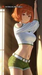 against_wall ai_generated arms_up belt belt_buckle breasts buckle closed_mouth clothing_cutout cowboy_shot crop_top cropped_shirt female frieren_beyond_journey's_end green_shorts indoors light_rays long_sleeves looking_at_viewer medium_breasts meitabuu midriff navel orange_eyes orange_hair shirt short_hair short_shorts shorts shoulder_cutout sidelightingkanne_(sousou_no_frieren) smile solo sousou_no_frieren standing stomach sunbeam sunlight taut_clothes thighs twintails two_side_up white_belt white_shirt window