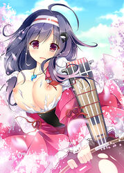 blush bouncing_breasts bow_(weapon) breasts bursting_breasts cherry_blossoms cowboy_shot female flight_deck gloves hair_ornament hairband kantai_collection kino_(kino_konomi) large_breasts long_hair looking_at_viewer magatama necktie nipples pantyhose partly_fingerless_gloves pink_eyes purple_hair ryuuhou_(kantai_collection) solo taigei_(kantai_collection) torn_clothes torn_pantyhose weapon whale_hair_ornament yugake