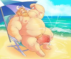 anthro asgore_dreemurr balls bara beard big_penis body_hair boner cum deltarune erection facial_hair flexing furry goat horns male male_only manlyster musclegut muscles muscular nude open_shirt orgasm overweight penis shirt sitting solo solo_male sweat sweating undertale