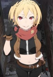 ankle_ribbon bandeau belt black_lace blonde_hair braid brat bratty brown_vest dark_alley devious_expression fellatio_gesture felt_(re:zero) female fur-trimmed_gloves in_alleyway invitation looking_up_at_viewer medium_breasts mesugaki midriff open_vest parted_lips pixel_dream_gen provocative re:zero_kara_hajimeru_isekai_seikatsu red_eyes red_scarf seductive seductive_smile sexy short_hair single_pantsleg skinny small_girl torn_pants