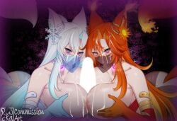 1boy 2girls @_@ ass bare_shoulders blue_gloves blue_hair breast_press breasts censored choker collarbone commission cooperative_paizuri cum cum_on_body cum_on_breasts cum_on_hair elbow_gloves english_commentary facial ffm_threesome fox_girl gloves glowing glowing_heart glowing_penis group_sex hair_ornament highres huge_breasts hypnosis indie_virtual_youtuber large_variant_set long_hair looking_at_viewer mind_control mouth_veil multicolored_hair multiple_girls orange_hair orange_tail paizuri penis ryncka smug_alana snowflake_hair_ornament straight symmetrical_docking teamwork_(sexual) threesome two-tone_hair variant_set veil virtual_youtuber white_hair white_tail