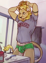 1boy briefs bulge chewycuticle clothing feline green_briefs green_eyes green_underwear hair_tying harvard invalid_tag lion male male_only male_underwear mammal shirt solo underwear