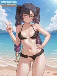 ai_generated beach bikini_aside black_bikini black_hair female genshin_impact gradient_hair hair_ribbon hand_on_own_hip light-skinned_female light_blue_eyes light_skin medium_breasts mona_(genshin_impact) multicolored_hair naughty_face nipple_slip ocean panties_aside petite petite_female purple_hair pussy royrathehot sand sky solo standing twintails v watermark