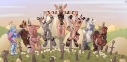 bodily_fluids bondage bondage bound canid canine canis crucifixion dildo domestic_dog drooling egg equid equine female grass group hi_res horse human hybrid lagomorph latex leporid male mammal maned_wolf mot musk oviposition plant rabbit saliva sex_toy suspension sweat transformation wolf