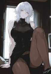 ai_generated big_breasts breasts faust_(limbus_company) female kizirugai leg legs_up lifting_own_clothes lifting_shirt limbus_company panties_under_pantyhose pantyhose showing_panties white_hair