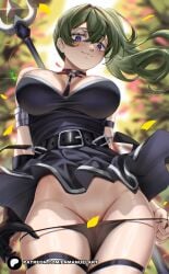 1girls arm_strap belt black_belt black_choker black_dress black_gloves black_panties blurry blurry_background breasts choker closed_mouth commentary convenient_censoring day dress enma_(enmanuelart) enmanuelart20 female floating_hair from_below gem glint gloves green_gemstone green_hair groin hair_between_eyes highres holding holding_polearm holding_weapon large_breasts light_blush long_hair looking_at_viewer looking_down o-ring outdoors panties panty_pull partially_visible_vulva patreon_logo patreon_username polearm pulling_own_clothes side_ponytail single_glove solo sousou_no_frieren thigh_strap thighs tree ubel_(sousou_no_frieren) underwear watermark weapon web_address wind wind_lift