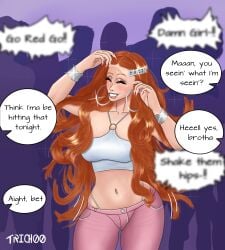 1girls arms_up bimbo blush catcalling cleavage closed_eyes dancing female female_focus flowing_hair freckles ginger ginger_hair hairclip hoop_earrings hoop_earrings_oversized jeans katalina_(trich00art) large_breasts midriff orange_hair original original_character red_hair smiling smiling_at_viewer solo_focus sparkles thong thong_straps trich00art wide_hips yelling yelling_at_another