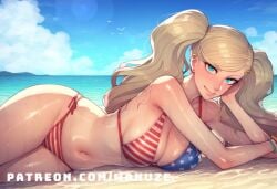 ai_generated american_flag american_flag_bikini ann_takamaki beach big_ass big_breasts big_butt big_thighs blonde_hair blue_eyes blush huge_ass huge_butt huge_thighs lying medium_breasts on_side persona persona_5 takamaki_anne twintails wanuze wide_hips