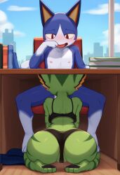 ai_generated animal_crossing blowjob carol_tea clothed clothed_female_nude_male freedom_planet implied_oral indoors lingerie nude office oral rover_(animal_crossing) video_games