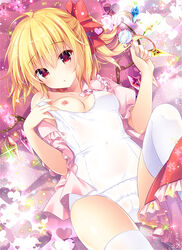 :o bangs blonde_hair blush breasts cameltoe candy covered_nipples female flandre_scarlet food frilled_skirt frills hair_ribbon heart holding kino_(kino_konomi) knee_up lollipop lying nipples on_back one-piece_swimsuit one_breast_out pillow puffy_short_sleeves puffy_sleeves pulled_by_self red_eyes red_ribbon red_skirt ribbon school_swimsuit see-through short_sleeves side_ponytail skirt solo sparkle swimsuit swimsuit_pull thighhighs touhou white_legwear white_school_swimsuit white_swimsuit wings