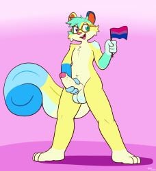2025 5_fingers absurd_res anthro balls bisexual_pride_colors blue_balls blue_body blue_fur buckteeth cheek_tuft chest_tuft crotch_tuft erection eyewear eyewear_only facial_tuft felino fingers flag flag_(object) fluffy fluffy_tail foreskin fur genitals glans glasses glasses_only gloves_(marking) green_eyes hair heterochromia hi_res holding_flag holding_object holding_penis humanoid_genitalia humanoid_penis lgbt_pride looking_away male mammal markings nude open_mouth penis pink_background pink_glans pink_nose pride_colors purple_eyes raised_hand red_inner_ear retro_the_squirrel_(areretroshsl) rodent sciurid simple_background smile solo standing tail teal_body teal_fur teal_hair teeth tree_squirrel tuft uncircumcised wearing_glasses yellow_balls yellow_body yellow_eyewear yellow_fur yellow_glasses yellow_penis