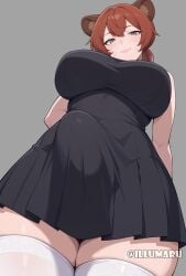 1girls 2025 adult ai_generated auburn_hair breasts bulge bulge_through_clothing dress female from_below front_view hi_res illumaru illumaru-chan large_breasts oc original_character patreon_username ponytail raccoon raccoon_ears raccoon_girl seductive seductive_look seductive_smile solo solo_focus stable_diffusion standing text thick_thighs