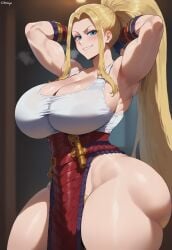 ai_generated armored_female arms_behind_head beatrix_amerhauser blonde_hair blue_eyes pelvic_curtain rayasox smile white_tank_top zom_100:_zombie_ni_naru_made_ni_shitai_100_no_koto