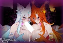 1boy 2girls @_@ ass bare_shoulders blue_gloves blue_hair breast_press breasts censored choker collarbone commission cooperative_paizuri cum cum_on_body cum_on_breasts elbow_gloves english_commentary fellatio ffm_threesome fox_girl gloves glowing glowing_heart glowing_penis group_sex hair_ornament highres huge_breasts hypnosis indie_virtual_youtuber large_variant_set long_hair looking_at_viewer mind_control multicolored_hair multiple_girls oral orange_hair orange_tail paizuri penis ryncka smug_alana snowflake_hair_ornament straight symmetrical_docking teamwork_(sexual) threesome two-tone_hair variant_set virtual_youtuber white_hair white_tail