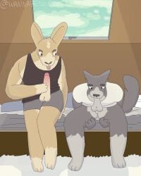 4:5 absurd_res anthro autofellatio autofellatio_attempt ball_tuft balls bed bedroom big_penis bottomless boxer_briefs brian_(wannabeyourdog2) canid canine canis clothed clothing detailed_background duo erection fur furniture genitals hi_res humanoid_genitalia humanoid_penis kyle_(wannabeyourdog2) lagomorph leporid looking_at_another male male/male mammal masturbation mutual_masturbation oral oral_masturbation oral_penetration partially_clothed penetration penile penile_masturbation penis penis_poking_out rabbit shirt skylight story story_in_description t-shirt tank_top tongue tongue_out topwear tuft underwear wannabeyourdog2 wolf