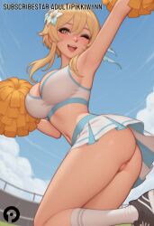 ;d ai_generated alternate_costume arm_up armpits ass bangs black_footwear blonde_hair blush breasts cheerleader cleavage crop_top female flower genshin_impact hair_between_eyes hair_flower hair_ornament holding holding_pom_poms large_breasts looking_at_viewer lumine_(genshin_impact) midriff navel no_panties one_eye_closed open_mouth outdoors pikkiwynn pom_pom_(cheerleading) pussy shoes short_hair_with_long_locks skirt sky smile socks solo thighs uncensored white_skirt white_socks yellow_eyes