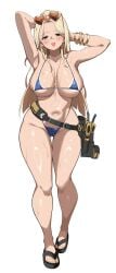 absurdres bandaid bandaid_on_face bandaid_on_nose bikini blue_bikini blue_eyes blunt_ends blush bracelet breasts cameltoe centi_(nikke) centi_(ocean_repair)_(nikke) collarbone curvy eyewear_on_head feet female gluteal_fold goddess_of_victory:_nikke heart heart-shaped_eyewear highres jewelry large_breasts long_hair micro_bikini navel neck necklace official_alternate_costume open_mouth parted_bangs partially_undressed sandals screwdriver sideboob simple_background sleeves_rolled_up smile stomach sunglasses sweat swimsuit tape_measure thigh_gap thighs toes toolbox underboob white_background wrench yabai_gorilla
