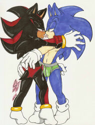 black_hair black_hair_bottom blue_fur blue_hair blue_hair_on_black_hair blue_hair_top bulge domination furry gay hedgehog kissing light_hair_on_dark_hair mammal shadow_the_hedgehog socks sonadow sonic_(series) sonic_the_hedgehog sonicjenny underwear