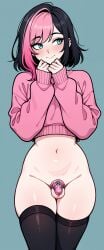 1boy ai_generated balls black_hair blue_eyes blush chastity_cage chastity_device crossdressing facing_viewer femboy girly male male_focus male_only midriff multicolored_hair otoko_no_ko penis pink_hair plain_background smile smiling solo solo_focus sweater thighhighs thighs trap