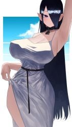 armpits black_hair breasts dress female hair_over_one_eye hazuki_kazue highres large_breasts long_hair looking_at_viewer original pointy_ears solo white_dress