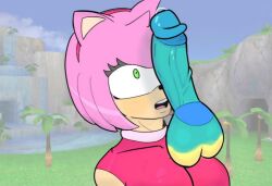 animal_ears artist_name bare_shoulders blue_hair blue_sky breasts bug cat_ears cloud day erection female grass green_eyes leaf open_mouth outdoors palm_tree penis pink_hair plant potted_plant short_hair sky sleeveless solo tree uncensored