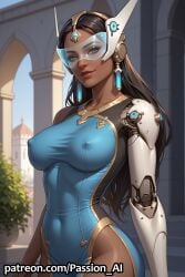 ai_generated big_breasts black_body black_hair blue_clothing breasts cyborg erect_nipples female huge_hips looking_at_viewer overwatch standing symmetra tinted_eyewear visor
