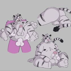 1:1 anal anal_sex anthro ass axel_(remember_the_flowers) balls belly big_belly black_stripes chest_tuft disembodied_hand duo erection feet felid fur genitals hi_res looking_pleasured male male/male mammal masturbation nipples pantherine paws penetration pink_body pink_fur raised_tail rear_view remember_the_flowers shlugr sitting slightly_chubby spread_legs spreading striped_body striped_fur stripes tail thick_thighs tiger toes tuft white_body white_fur