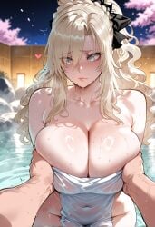 1boy 1girls ai_generated ass big_breasts blush breasts fate/grand_order fate_(series) female female_focus grey_eyes groping groping_breasts hips huge_ass huge_breasts kriemhild_(fate) large_breasts looking_pleasured mature_female milf naked naked_female nervous nude nude_female onsen thick_thighs thighs white_hair wide_hips