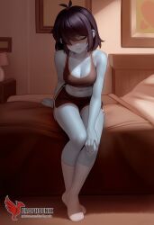 1girls 2d ai_generated ass barefeet big_ass big_breasts blue_skin bra breasts closed_eyes deltarune erophoenix feet female female_focus full_body kris_(deltarune) kris_female_(deltarune) looking_at_viewer midriff navel neutral_expression panties patreon_username solo solo_female sweat thick thick_thighs toes uncensored underwear