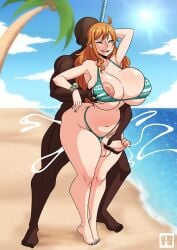 ahe_gao big_ass big_breasts cum cum_inside cum_while_penetrated dark-skinned_male faceless_male futanari handjob handjob_while_penetrating ilustretsspoks light-skinned_futa male male_on_futa nami_(one_piece) one_piece orange_hair palm_tree sand sea standing standing_sex thick_thighs
