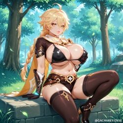 aether_(genshin_impact) ai_generated armor bikini bikini_top bimbo braid braided_ponytail chubby forest forest_background gachareverse genshin_impact groping groping_breasts high_heels huge_breasts outdoors outside ponytail rule_63 sitting sitting_on_wall thick_thighs thighhighs thighs