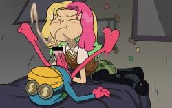1boy after_fellatio amphibia bed bedroom blonde_hair blush boots censored closed_eyes collared_shirt colored_skin covered_face ctfbm cum female frog_boy full_body green_hair green_skirt indoors long_hair lying molly_jo multicolored_hair pantyhose penis pink_hair pink_skin round_eyewear shirt skirt sprig_plantar sweatdrop sweater_vest toon_(style)