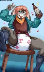 abdl alcohol commission diaper diaper_fetish diaperfur jacket meowtat open_jacket open_mouth original_character padded short_hair sitting socks tongue_out v_sign wearing_diaper ych