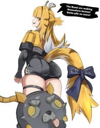 1girls ass ass_focus english_text from_behind green_eyes ju_fufu ju_fufu_(zenless_zone_zero) kemono sharp_teeth smirk tagme yellow_hair zenless_zone_zero